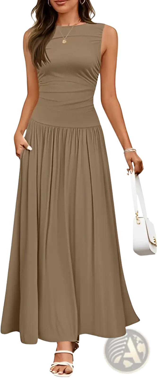 Elegant Sleeveless Pleated Maxi Dress with Pockets