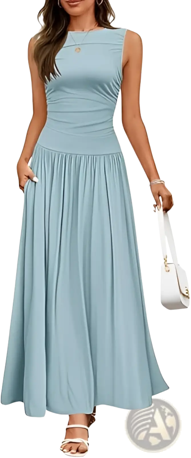 Elegant Sleeveless Pleated Maxi Dress with Pockets