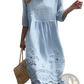 Embroidered Blue Linen Floral Scalloped Umbrella Dress