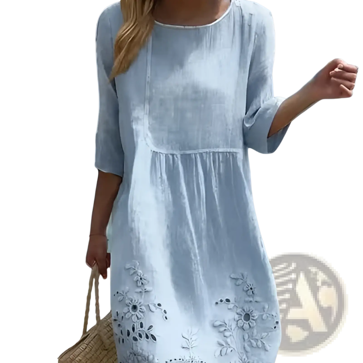 Embroidered Blue Linen Floral Scalloped Umbrella Dress