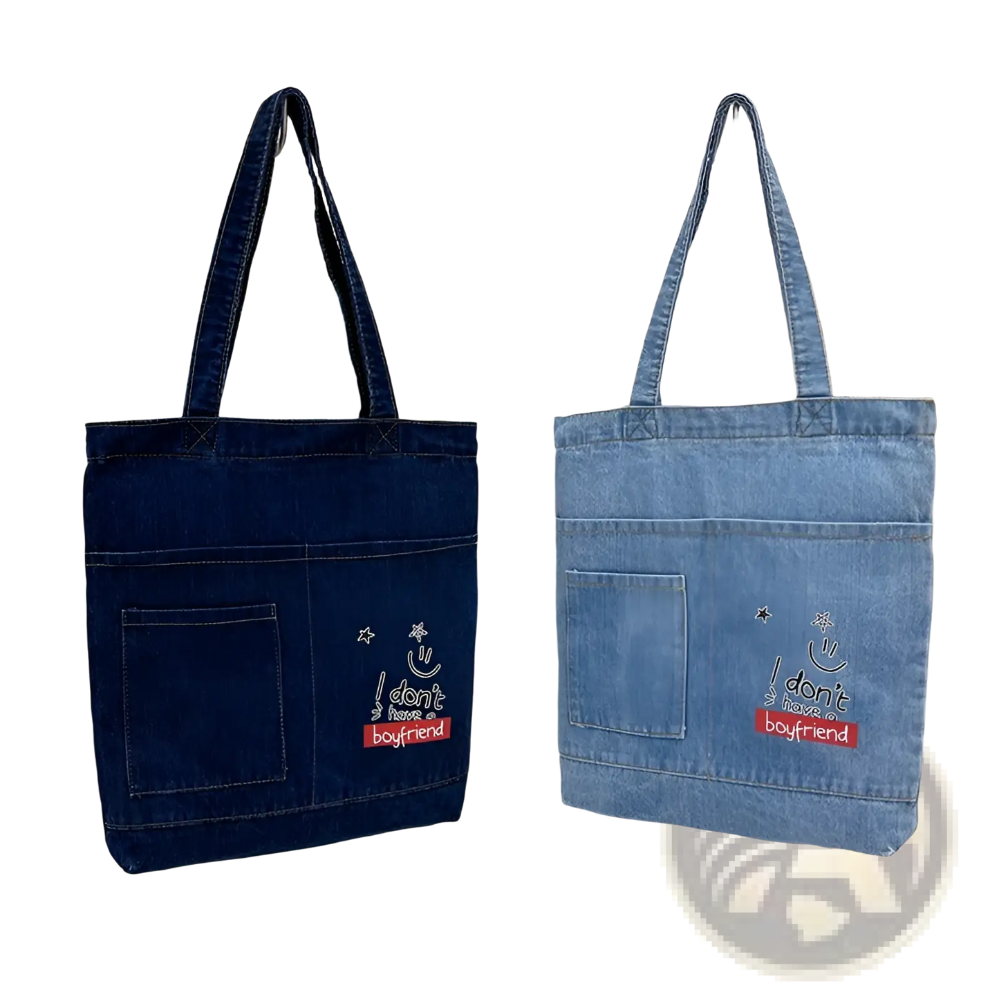 Embroidered Denim Tote Bag with Slogan and Soft Handle