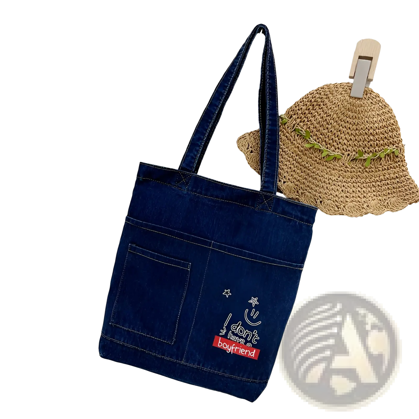Embroidered Denim Tote Bag with Slogan and Soft Handle