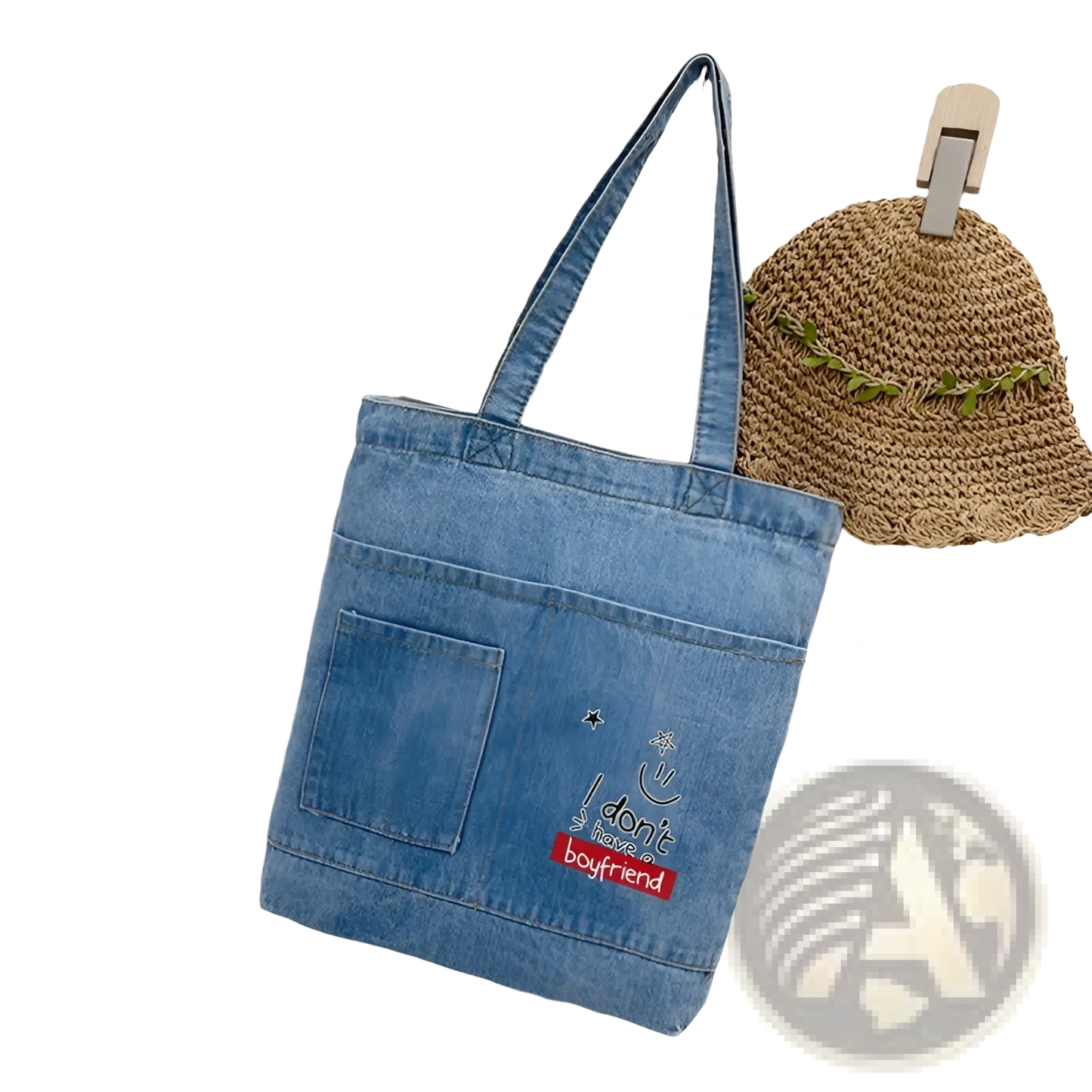 Embroidered Denim Tote Bag with Slogan and Soft Handle