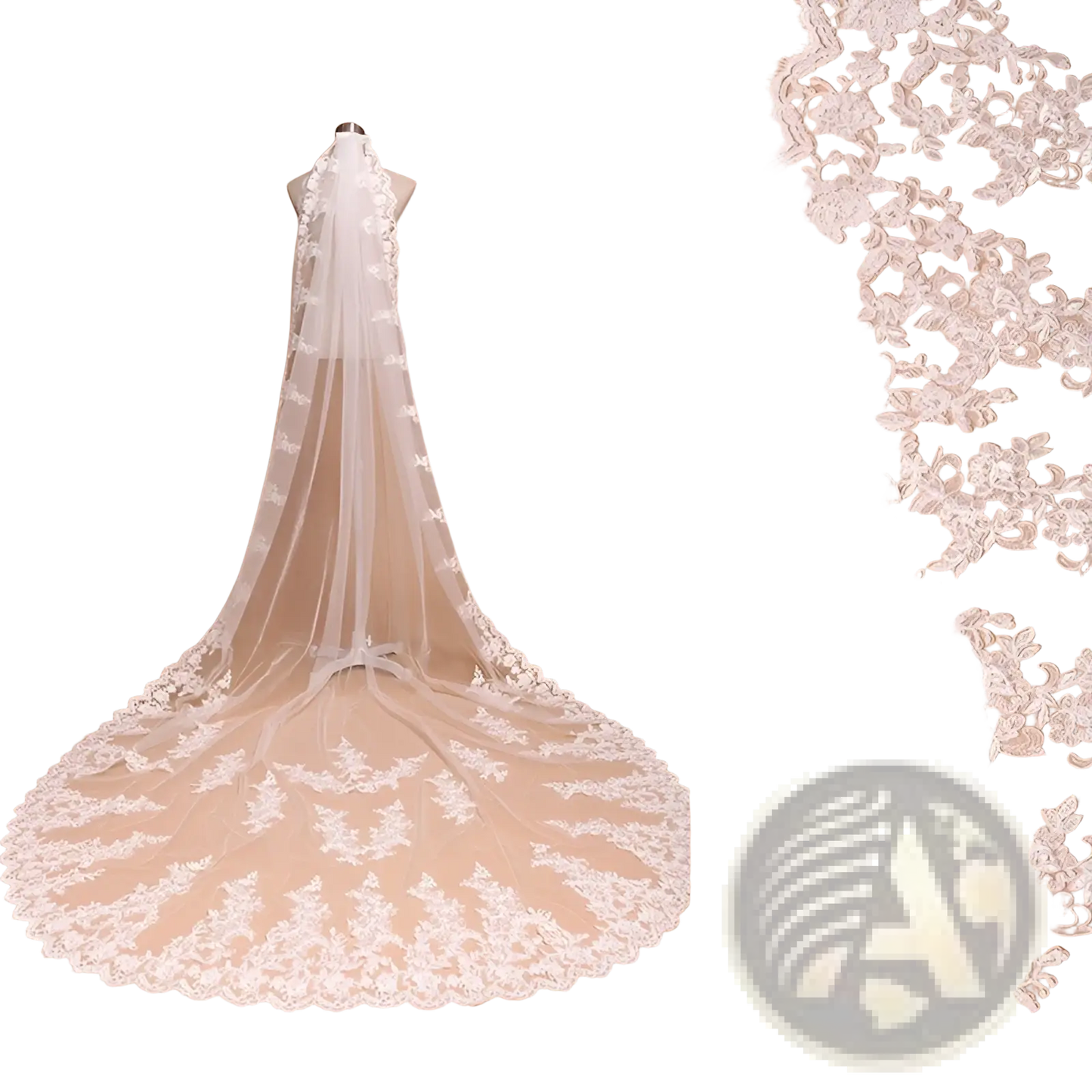 Embroidered Floral Lace Cathedral Wedding Veil with Comb