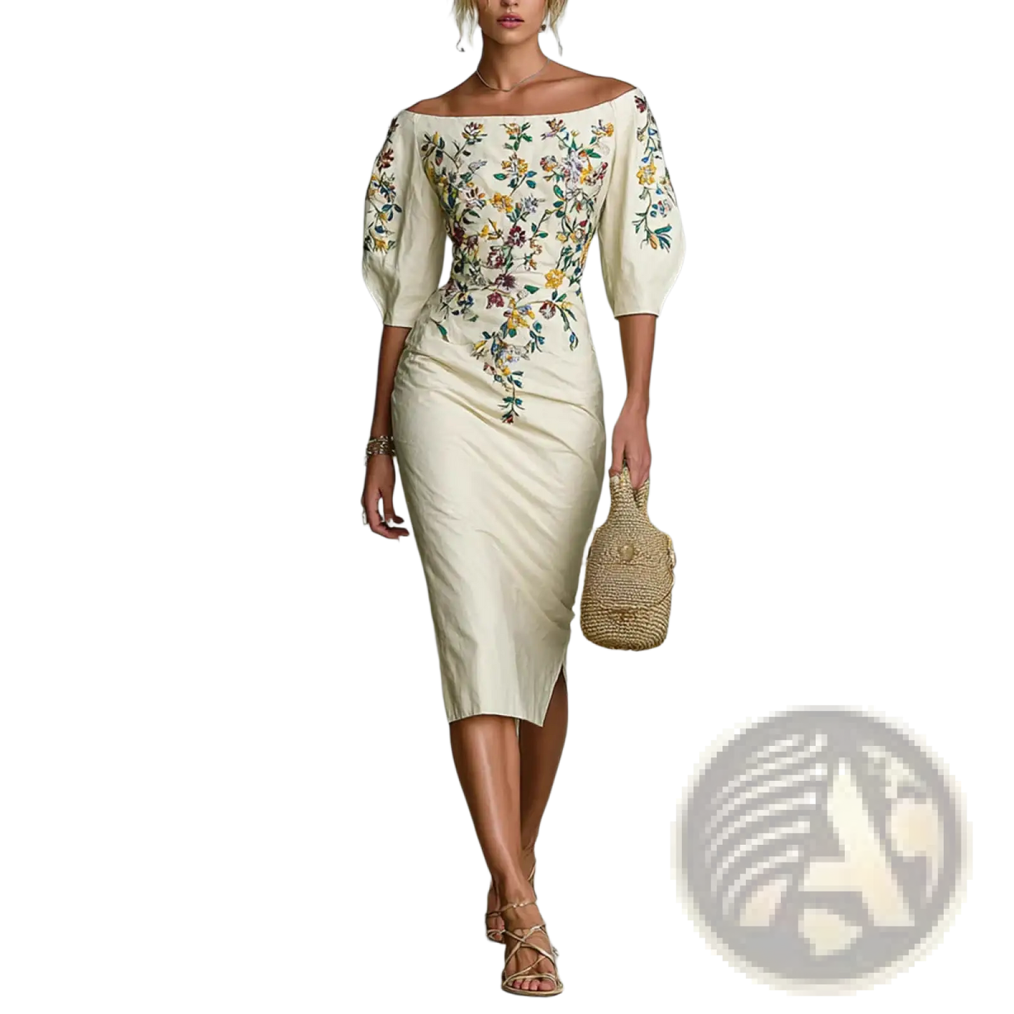 Embroidered off Shoulder Floral Puff Sleeve Dress