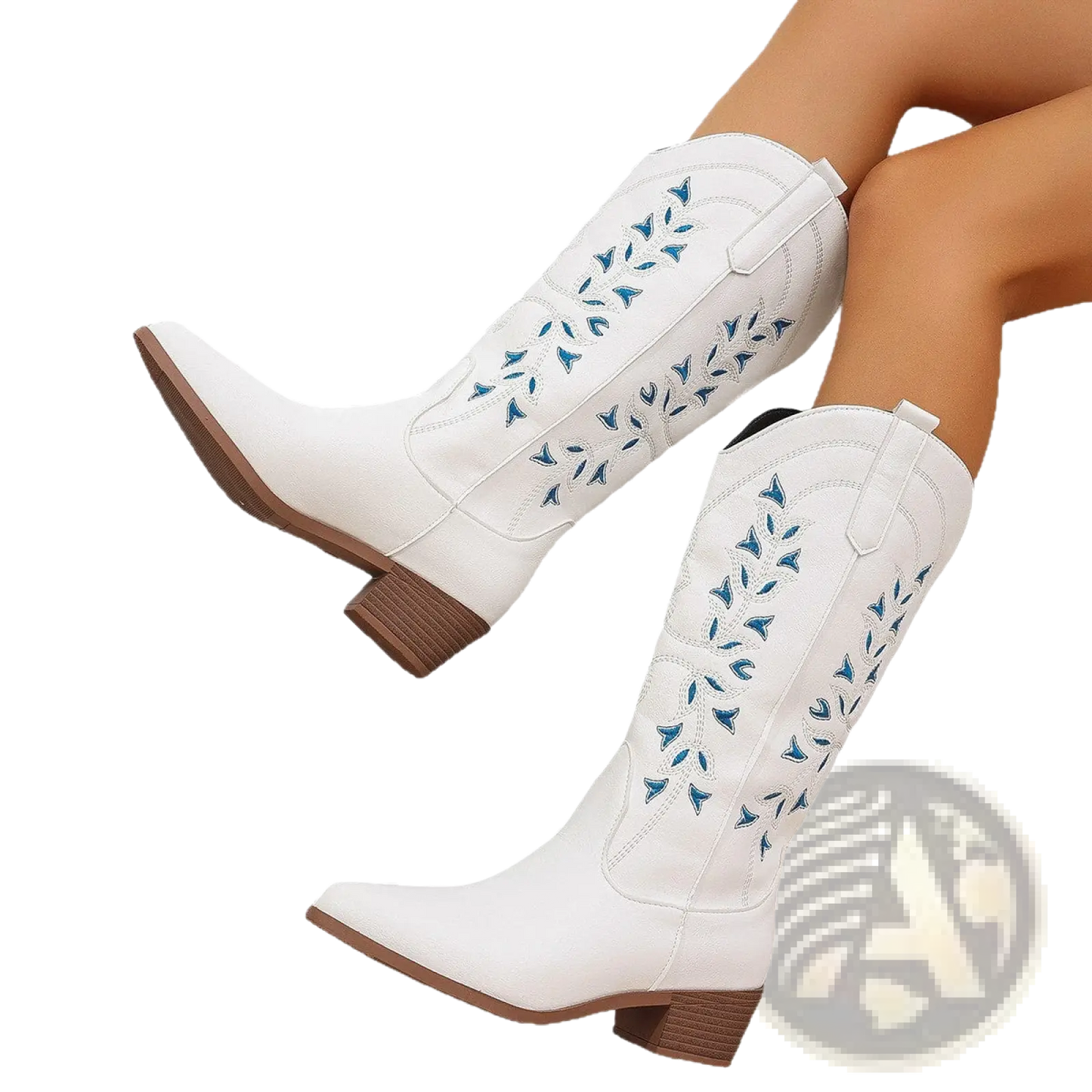 Embroidered Western Cowboy Boots Pointed Toe Chunky Heel