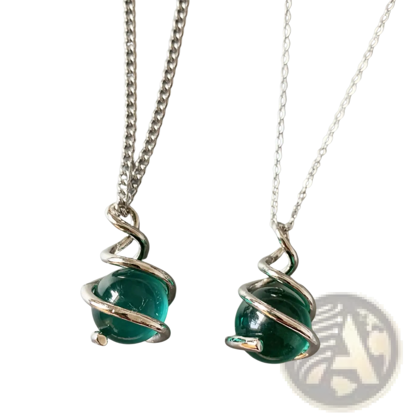 Emerald Green Glass Sphere Silver Spiral Pendant Necklace
