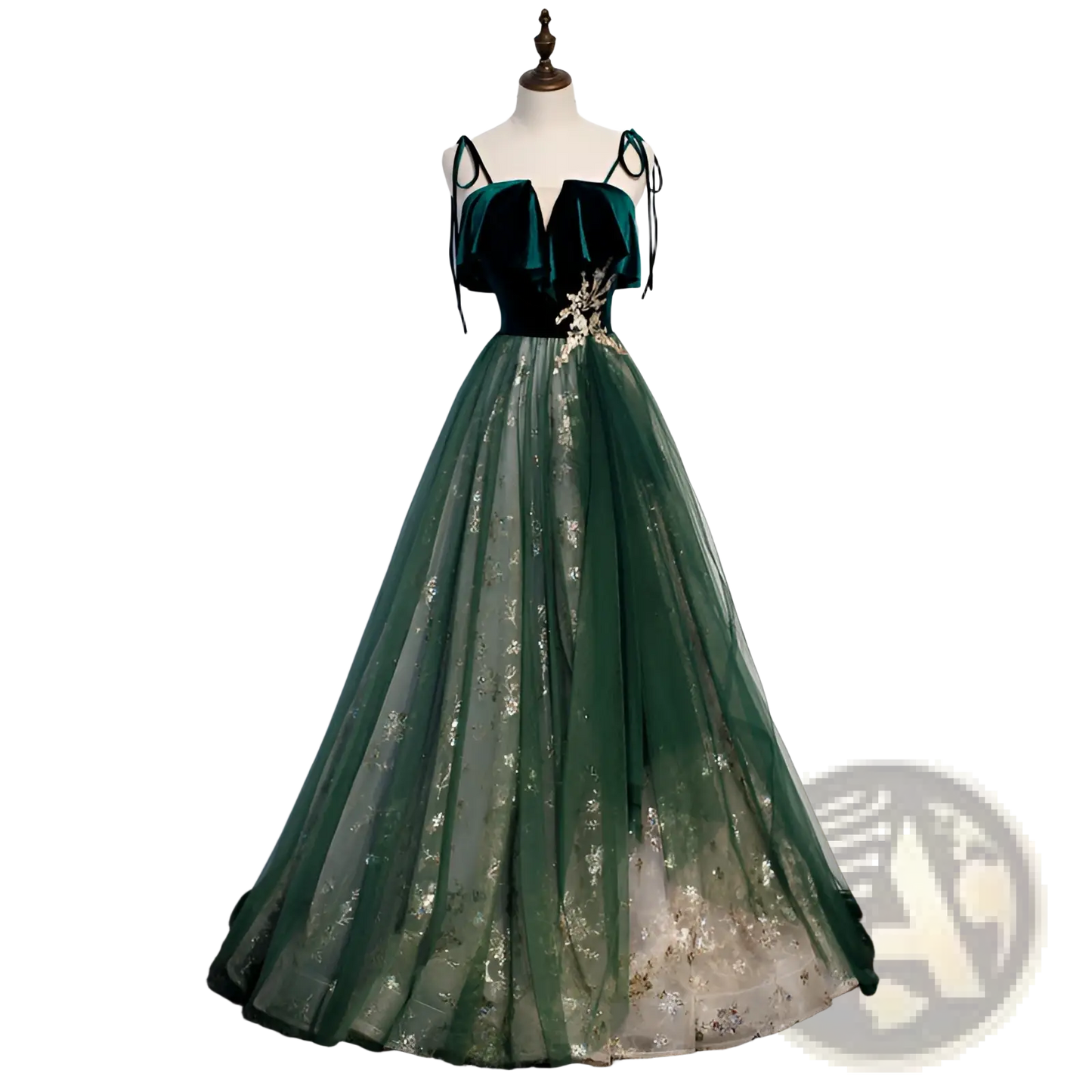 Emerald Velvet Off-shoulder Gown with Gold Embroidery