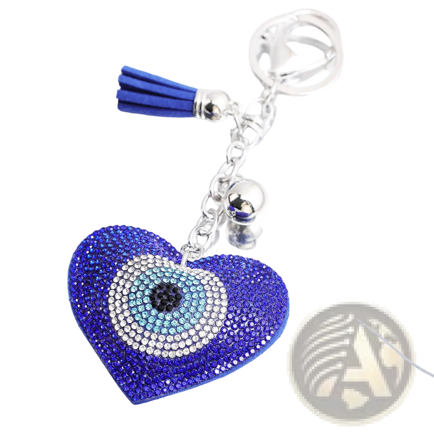 Evil Eye Heart Keychain Blue Rhinestone Leather Tassel