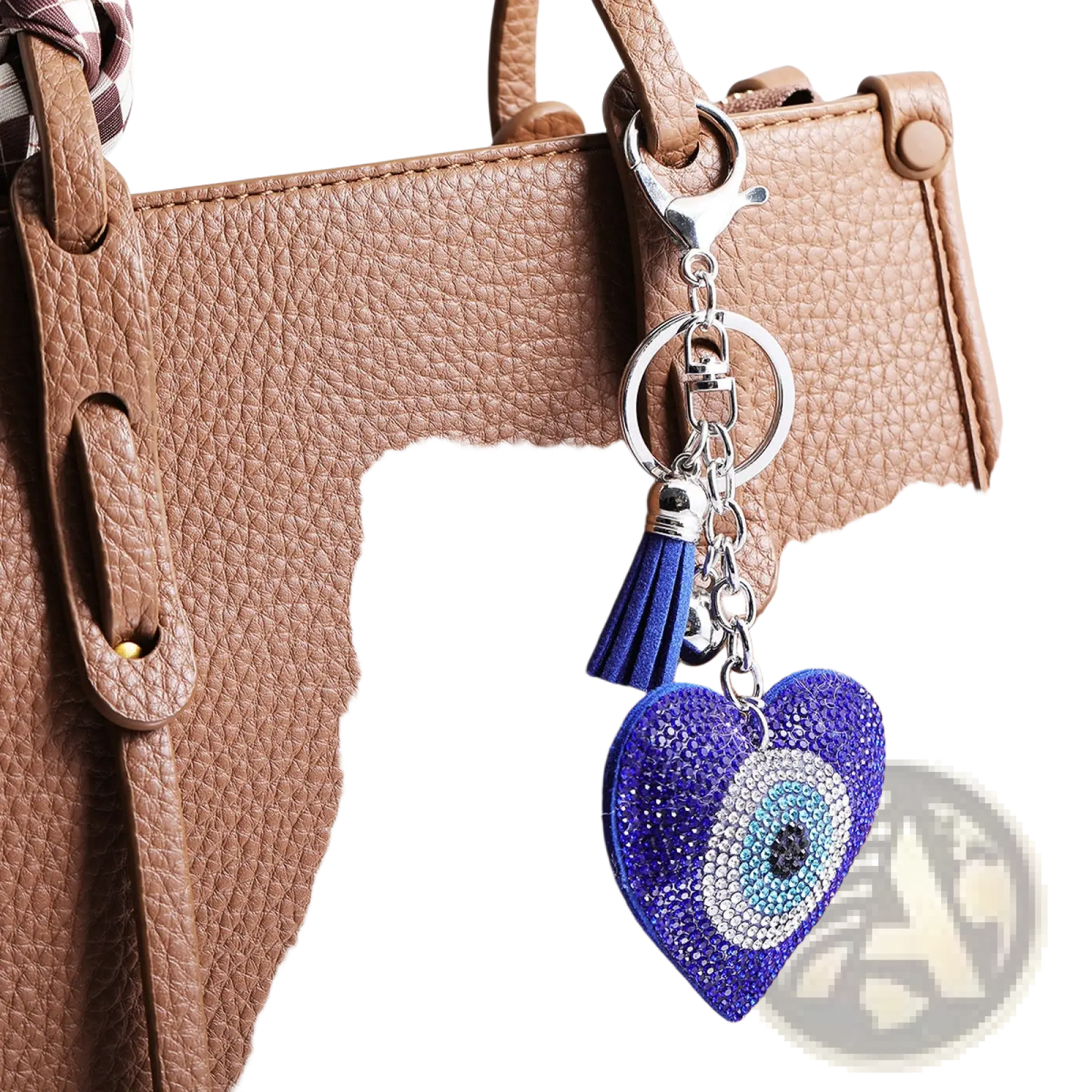 Evil Eye Heart Keychain Blue Rhinestone Leather Tassel