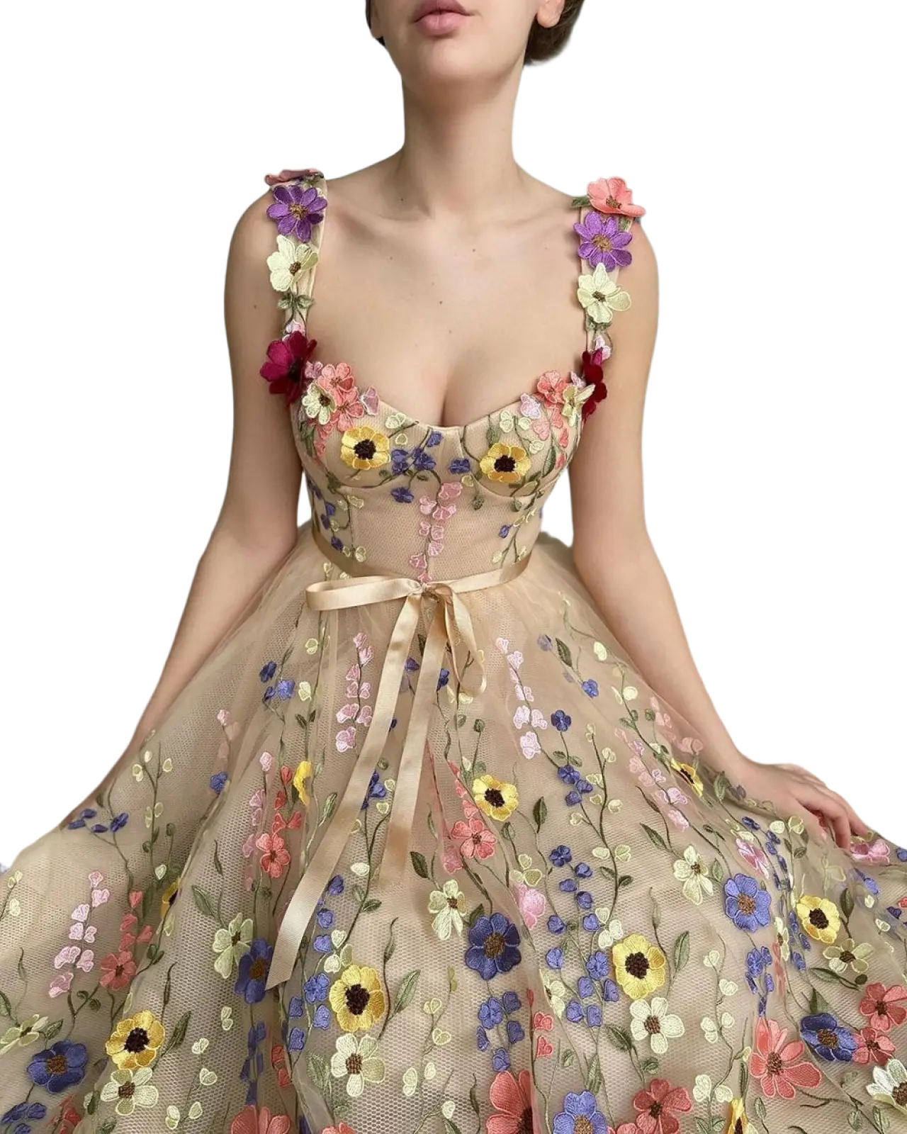 Exquisite 3d Floral Embroidered Sweetheart Tulle Prom Gown