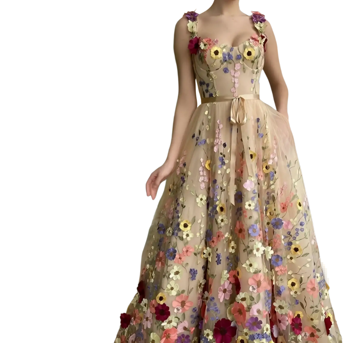 Exquisite 3d Floral Embroidered Sweetheart Tulle Prom Gown