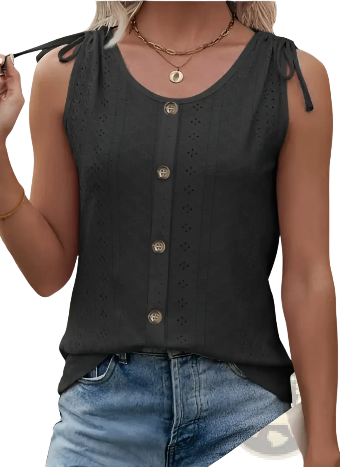 Eyelet Button Front Tank Top with Tie Straps