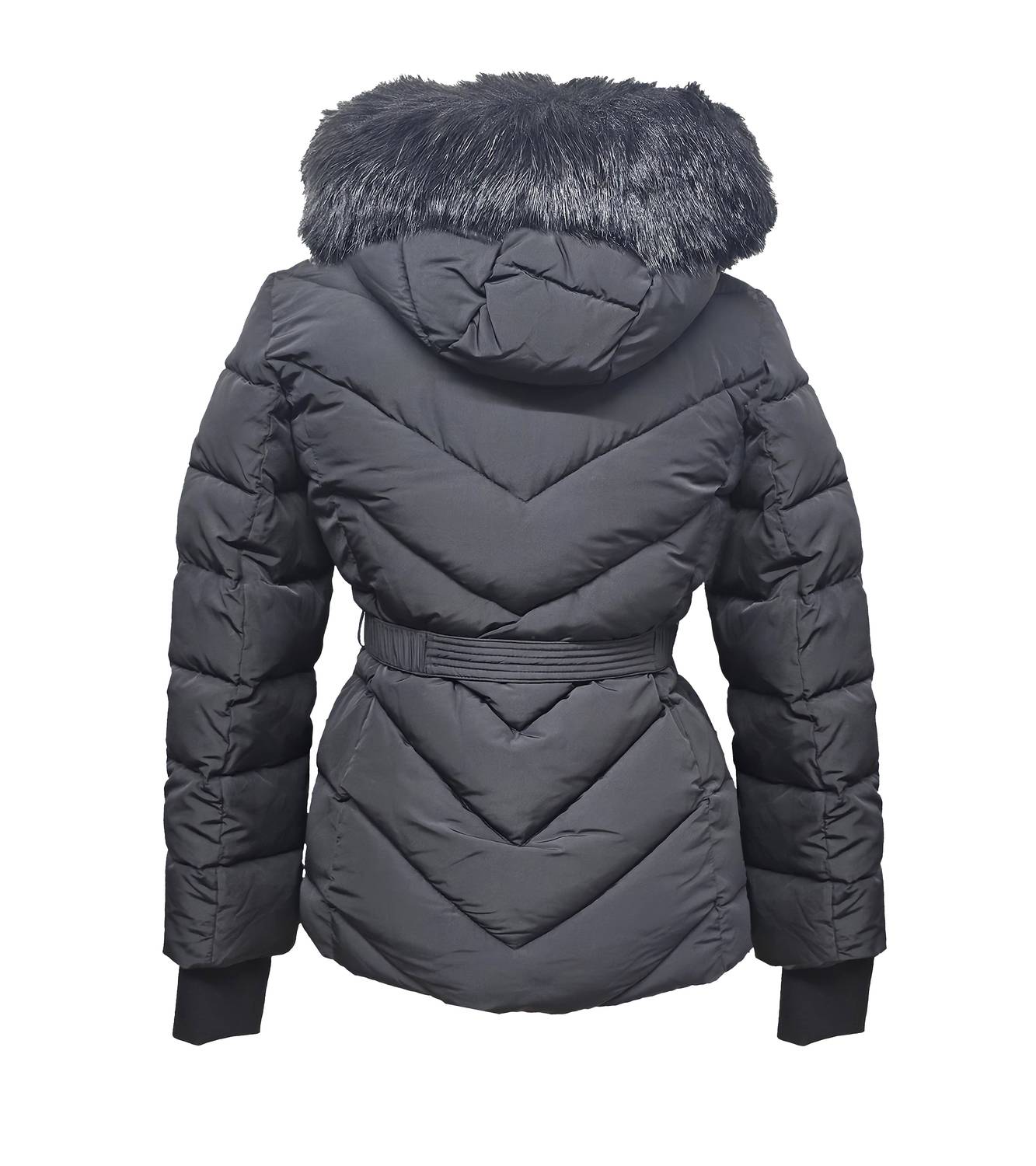 Michael Kors - Women's Belted Down Chevron Scutab Stretch Quilted Faux Fur Coat Jacket