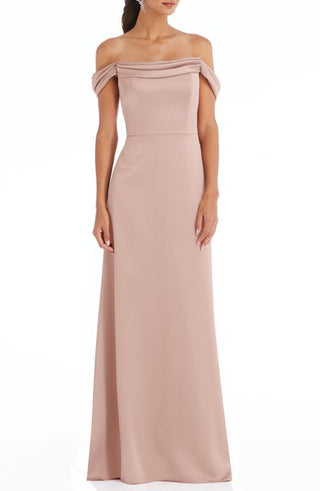 Dessy Collection Off the Shoulder A-Line Charmeuse Gown in Toasted Sugar at Nordstrom, Size 14
