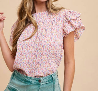 Anniewear - Ditsy Flower Printed Pleats Blouse
