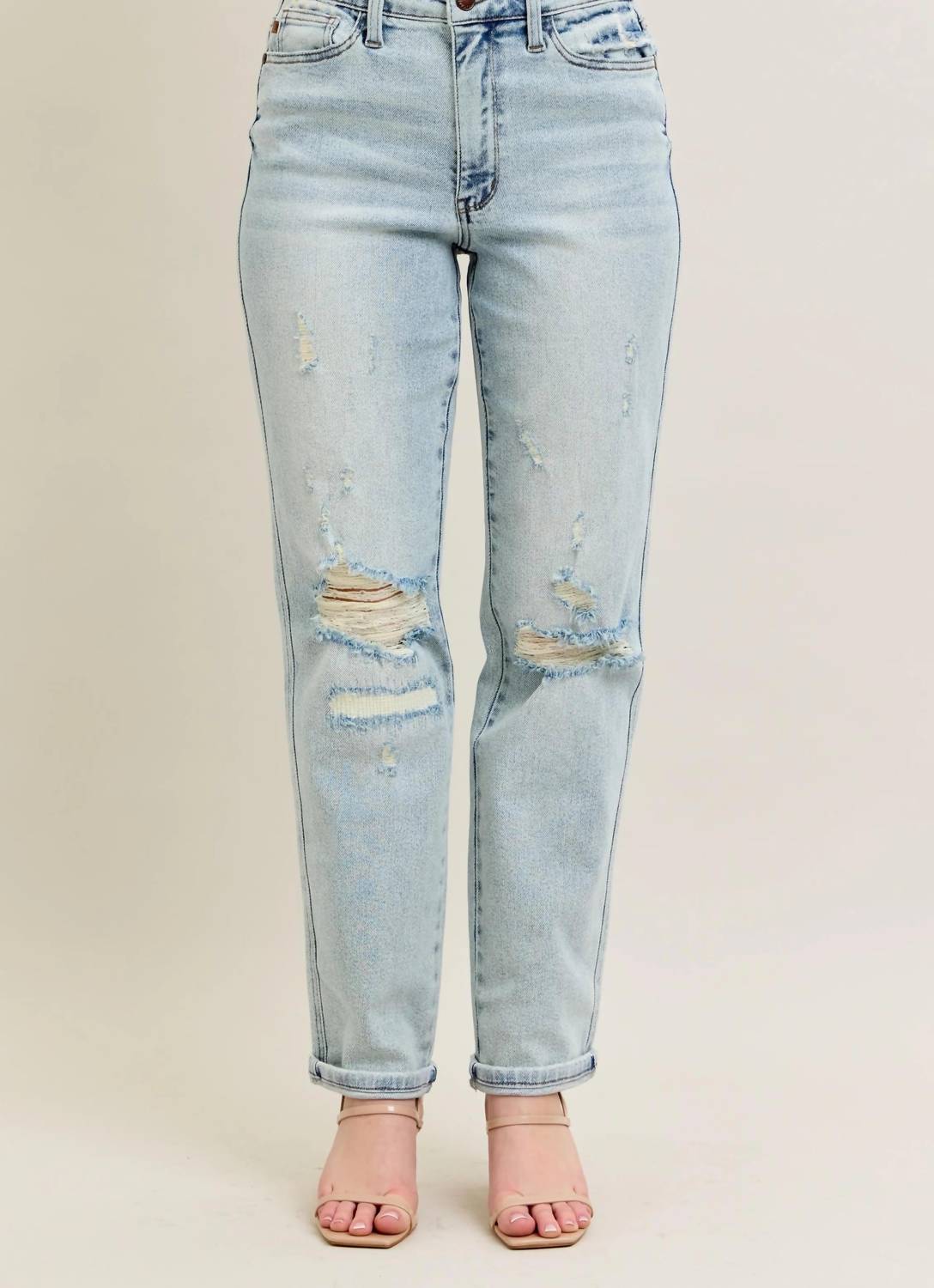 Trendsi - Judy Blue Full Size Mr Repair Stitch Detail Destroy Single Cuff Bf Jeans Plus Size