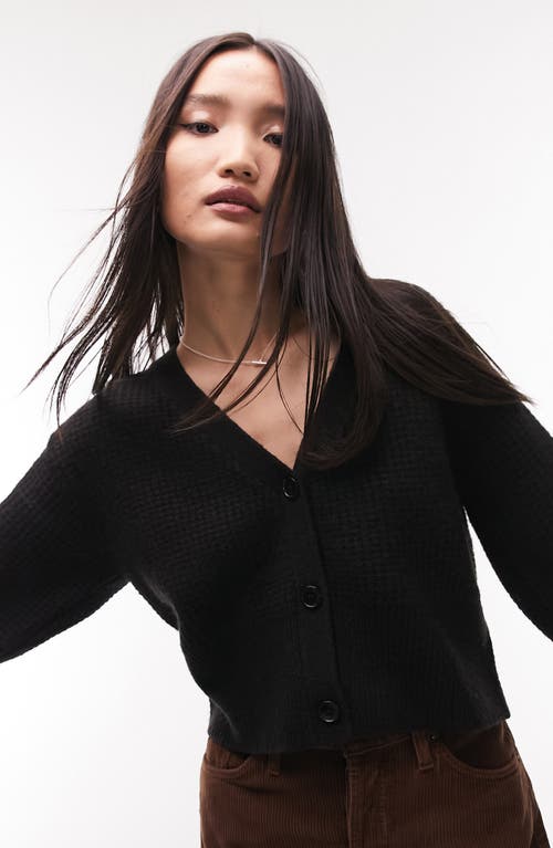Topshop Waffle Knit Crop Cardigan in Black, Size Small