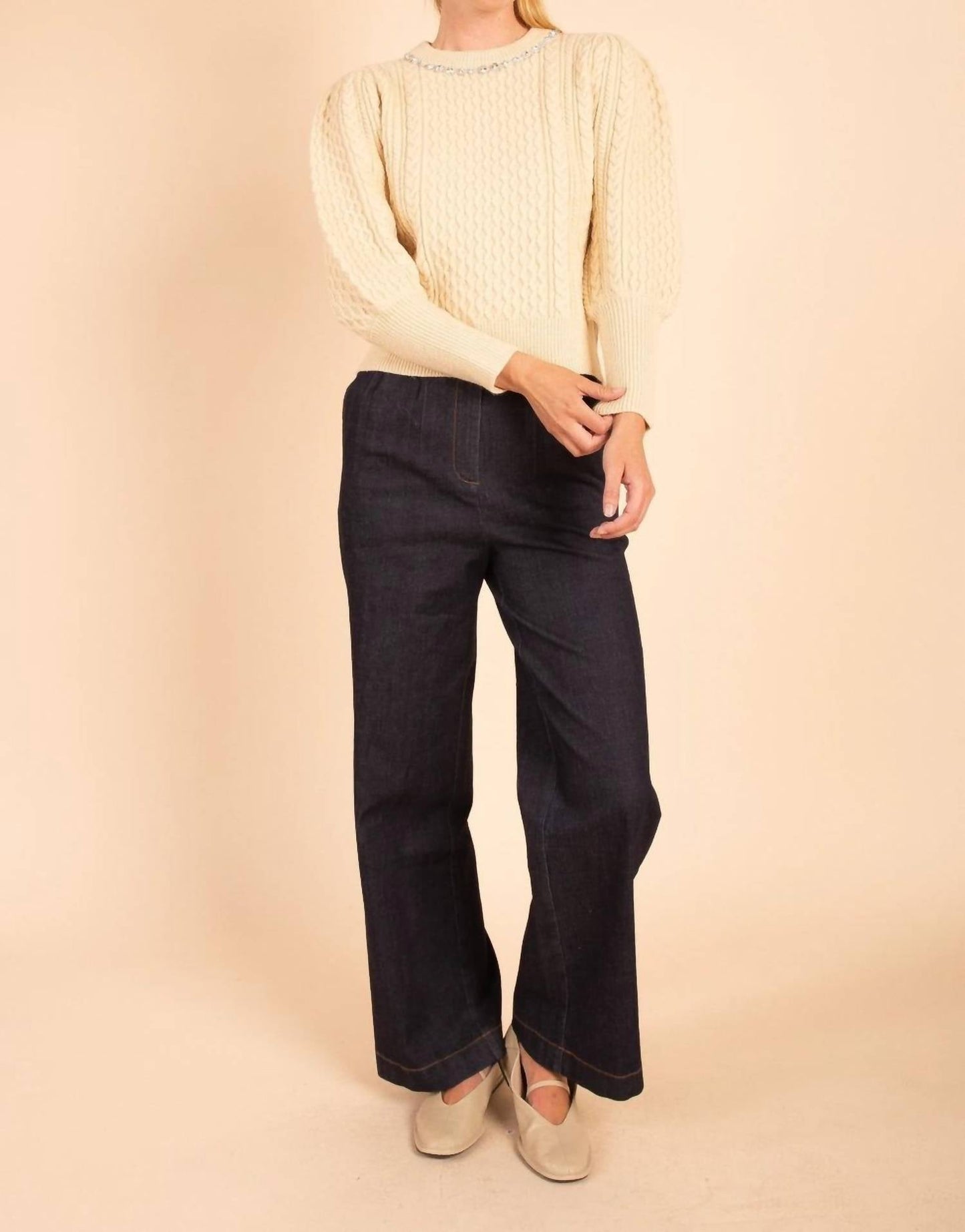61 Jane - Women's Jewel Neck Puff Sleeve Sweater