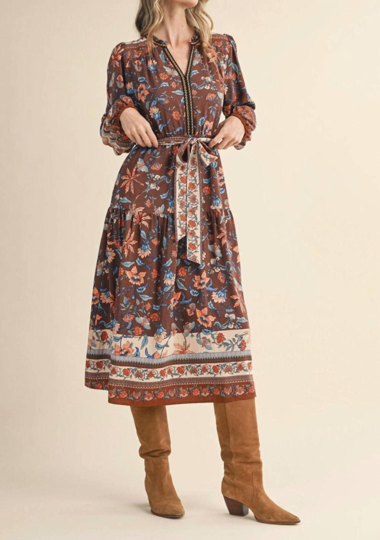 &Merci - floral border print belted midi dress