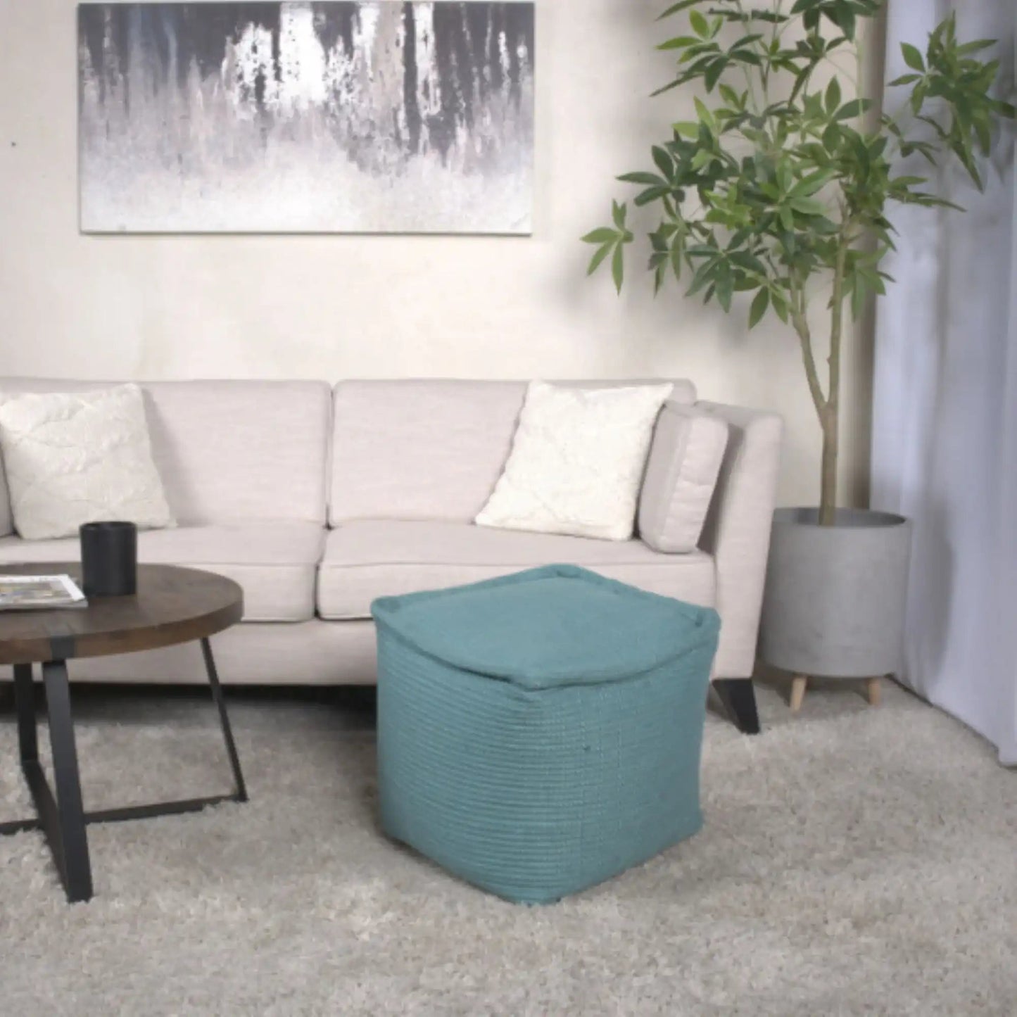 Hansolo Yarn Square Pouf Ottoman Or Floor Cushion - Teal