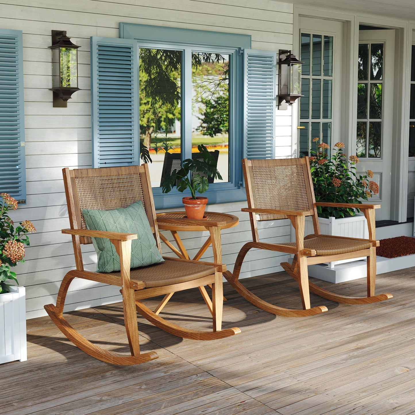 GO 2 Pieces Patio Rocking Chair Set, Natural Acacia Wood and Wicker