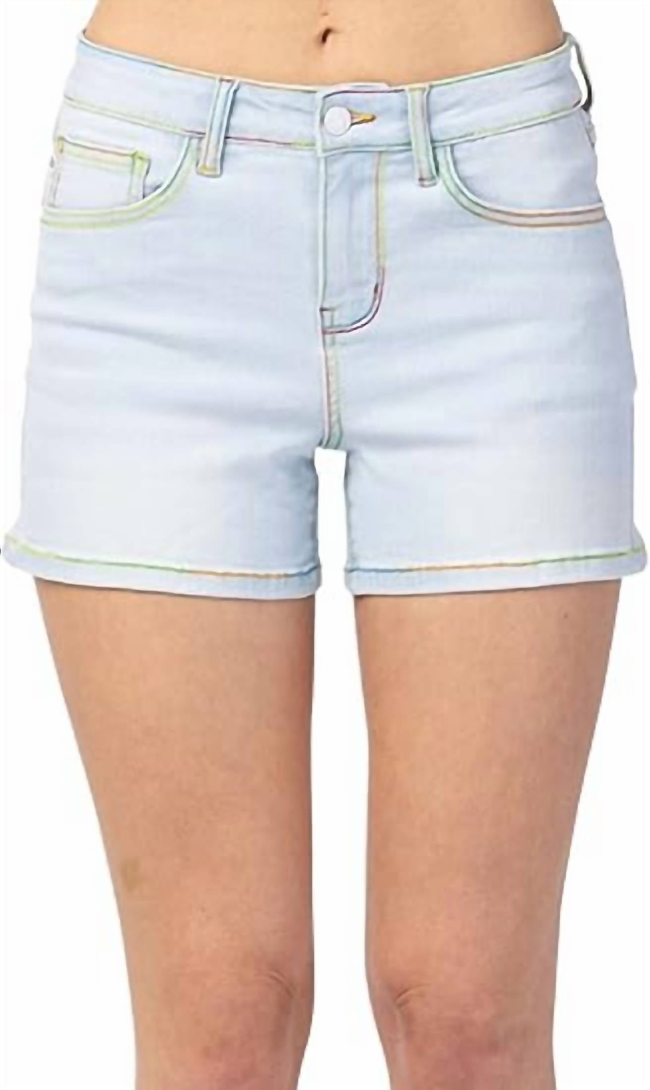 judy-blue-denim-shorts-with-colorful-stitching