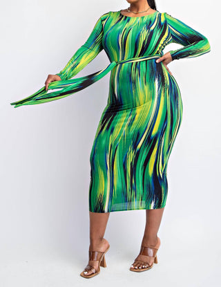The Curve La - Plus Size Long Sleeve Midi Dress With Self-tie Belt