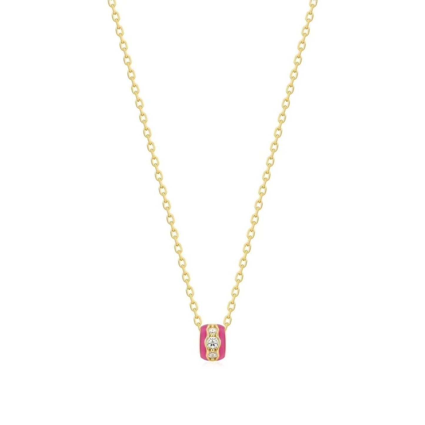 Eklexic - Women's Pink Enamel & Cubic Zirconia Channel Rondelle Necklace