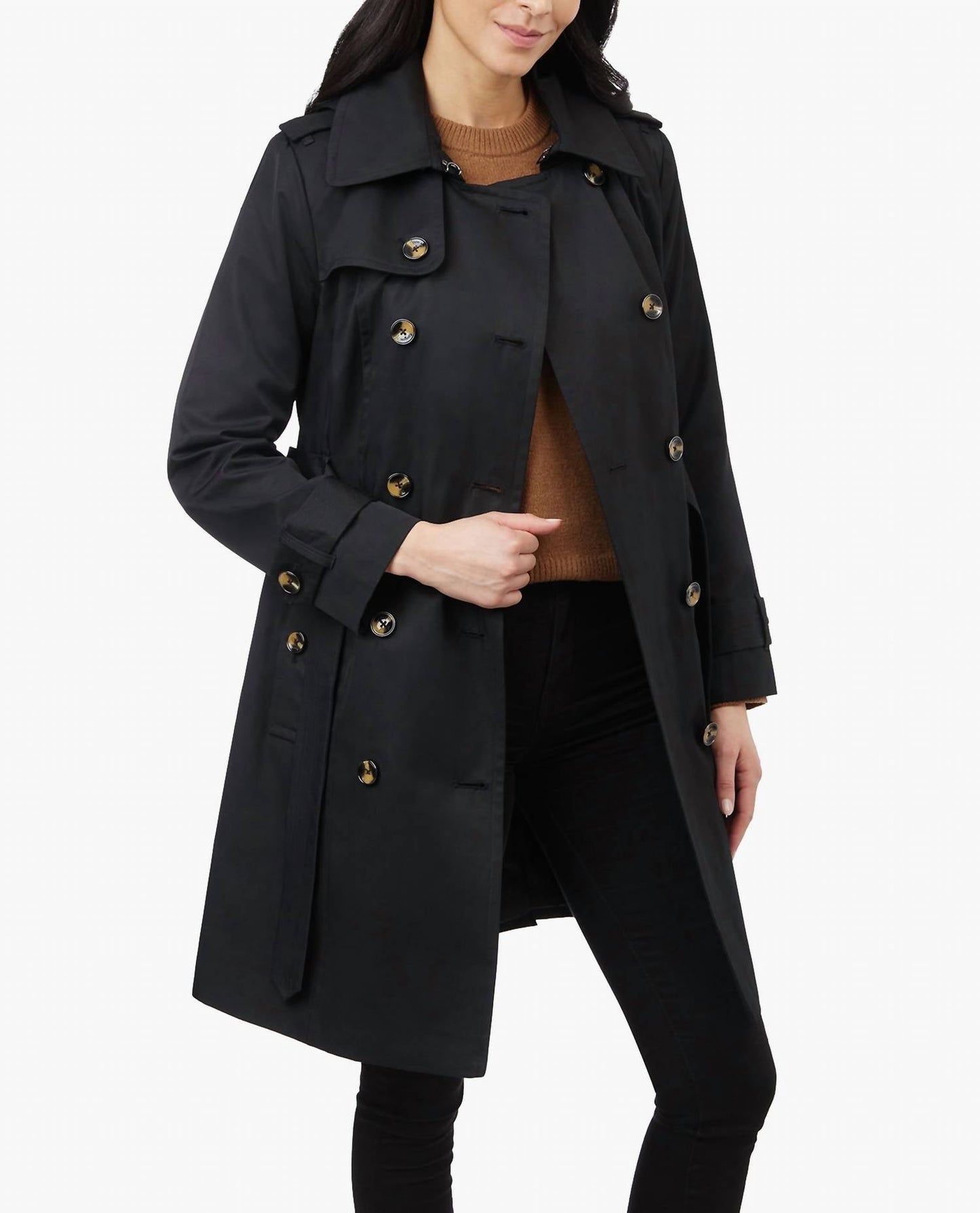 London Fog - Double Breasted Hooded Trench Coat With Waist Belt