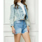 Veveret - Stripe Rhinestone Distressed Denim Jacket