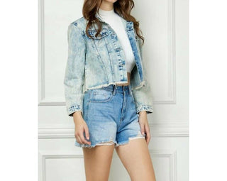 Veveret - Stripe Rhinestone Distressed Denim Jacket
