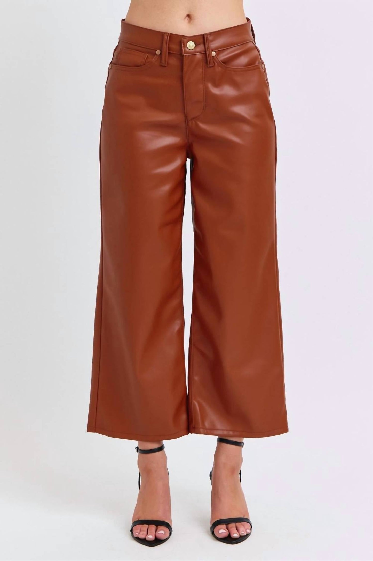 Judy Blue - High Waist Tummy Control Faux Leather Crop Wide Jeans