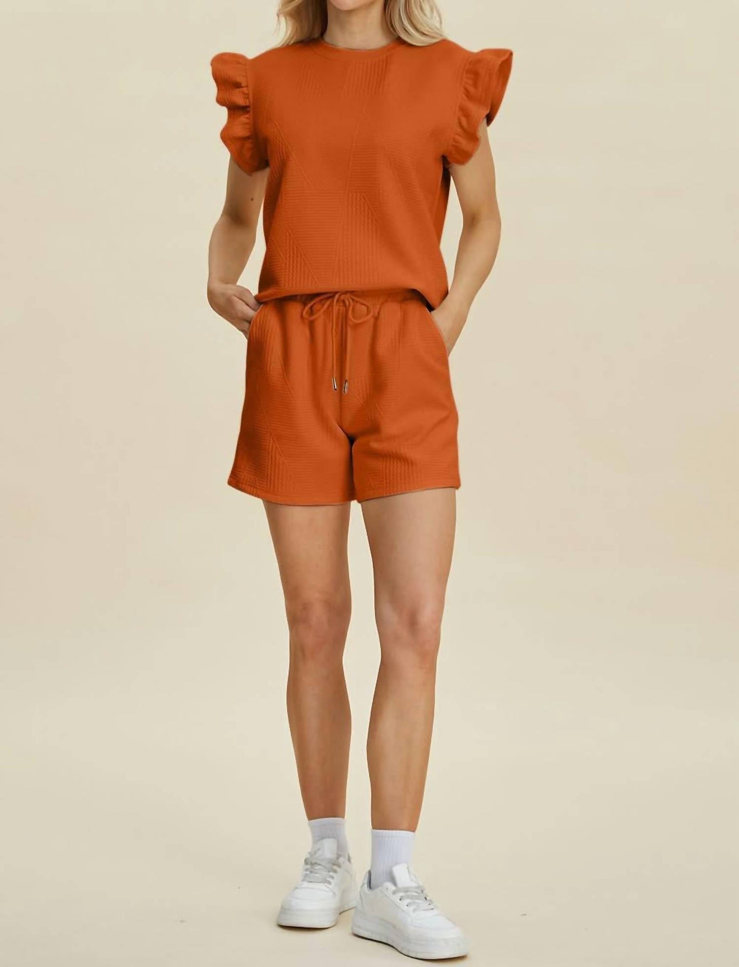 Double Take - Ruffle Sleeve Top And Short Set