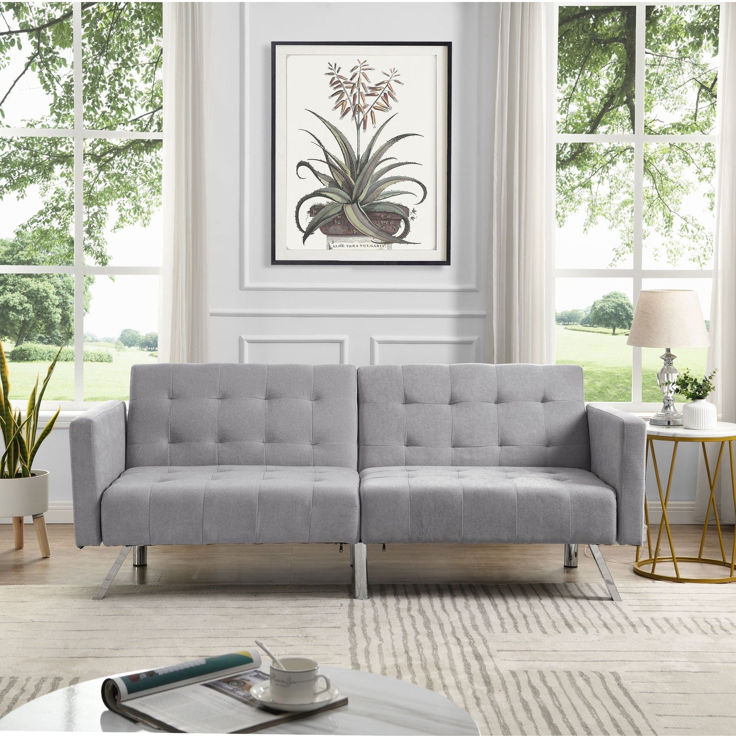 Sofa Bed Convertible Folding Lounge Couch Loveseat Sleeper Sofa Armrests Living Room Bedroom Apartment Reading Room - Light Gray