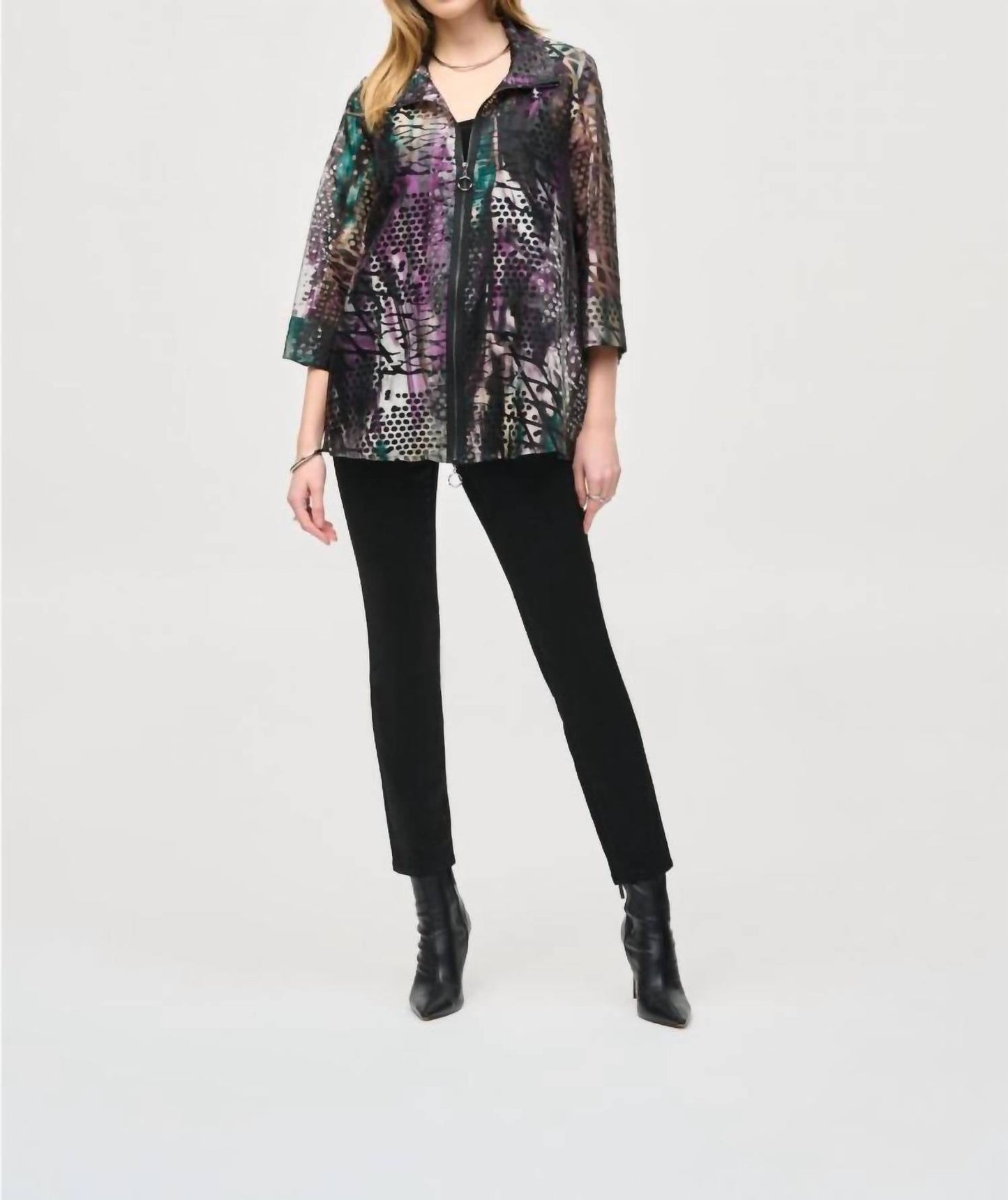 Joseph Ribkoff - Abstract Print Zip Front Organza Jacket