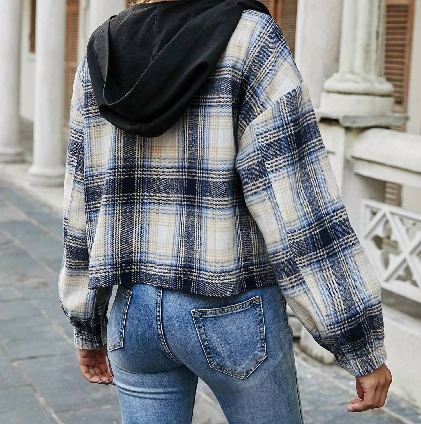 Miss Sparkling - Plaid Print Zip Up Hooded Jacket