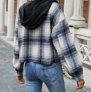 Miss Sparkling - Plaid Print Zip Up Hooded Jacket