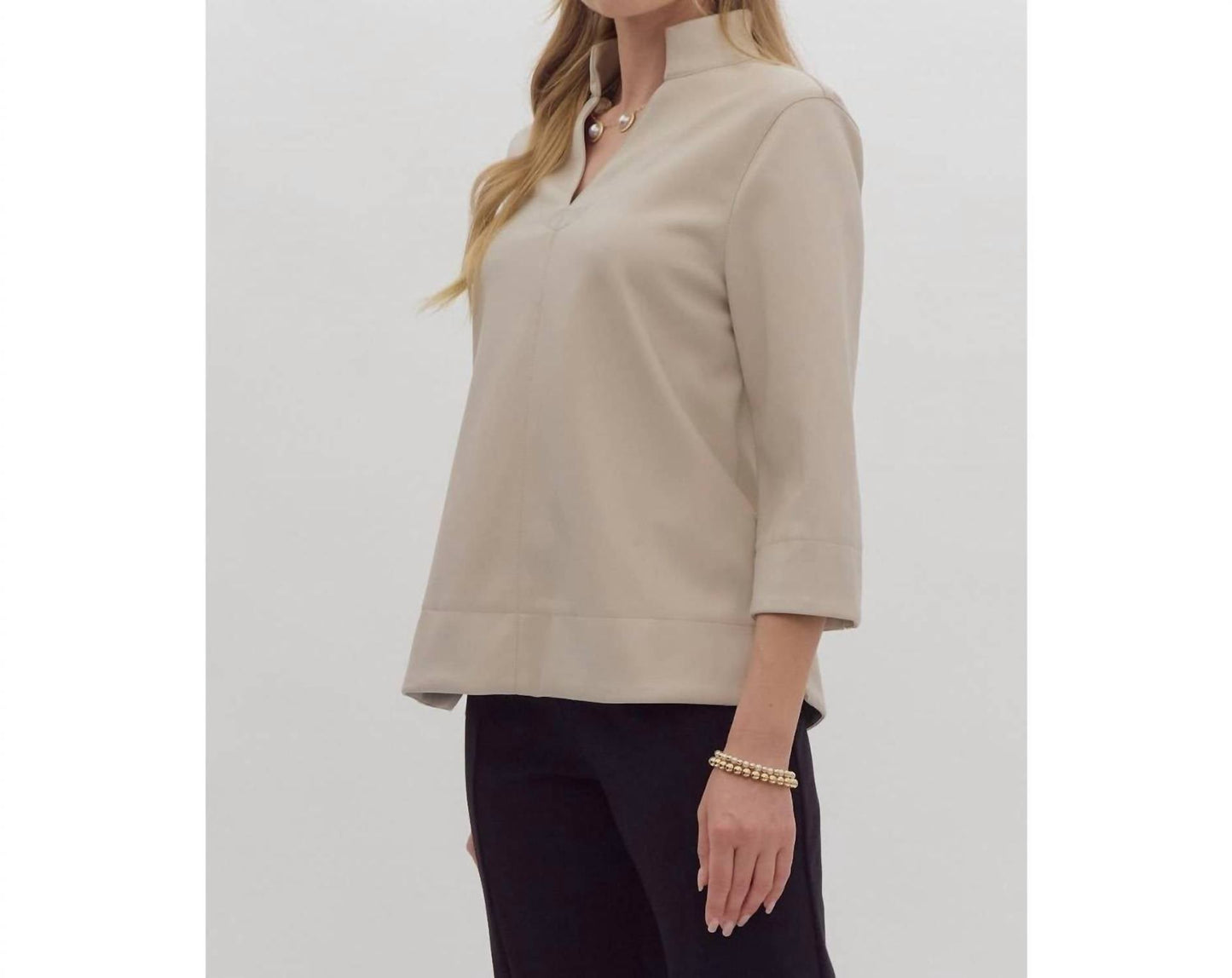 Style Usa - Faux Leather V Neck Top