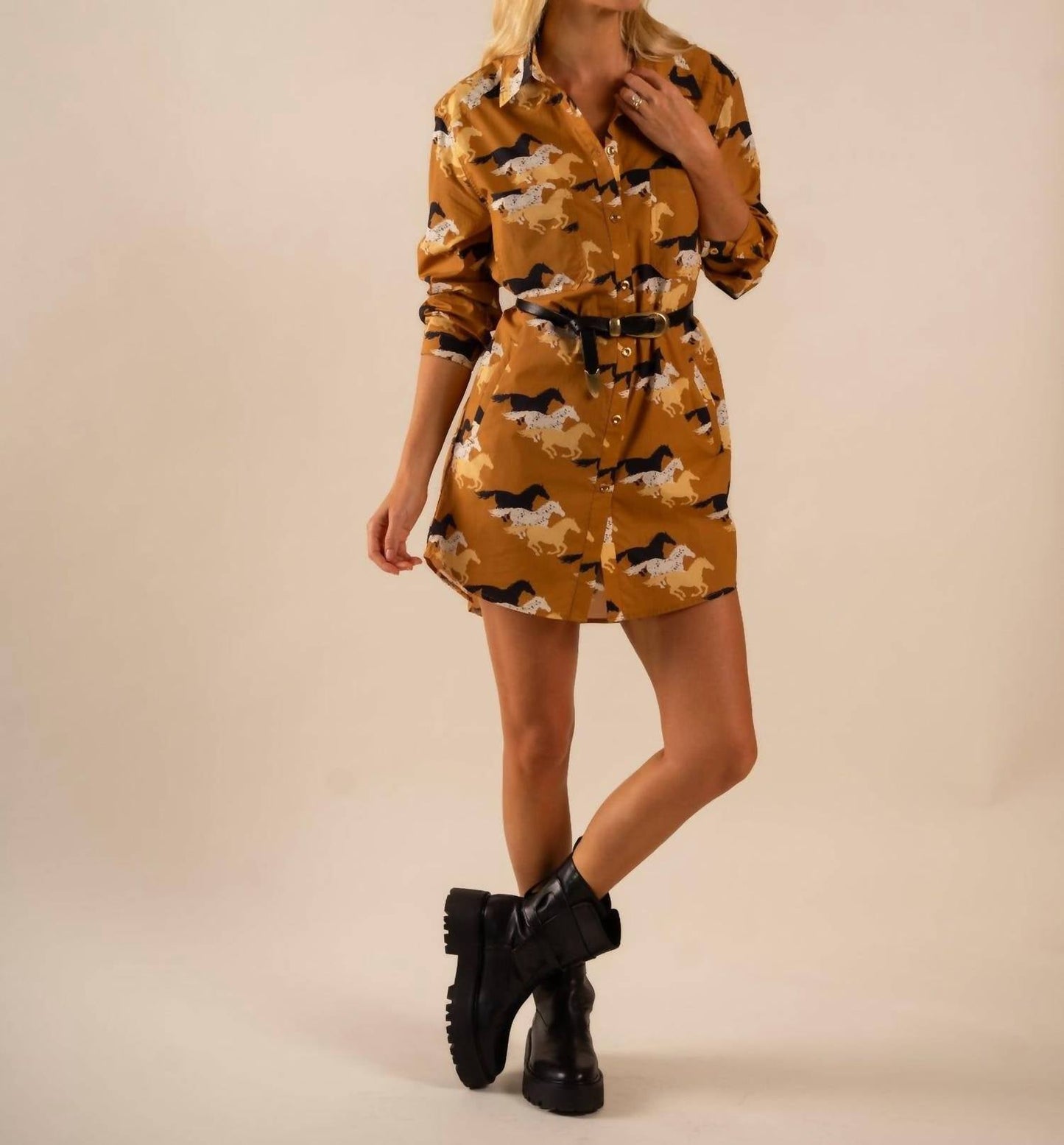 Care Tucker - Preslie Poplin Shirt Dress - All Over Wild Horses Pattern