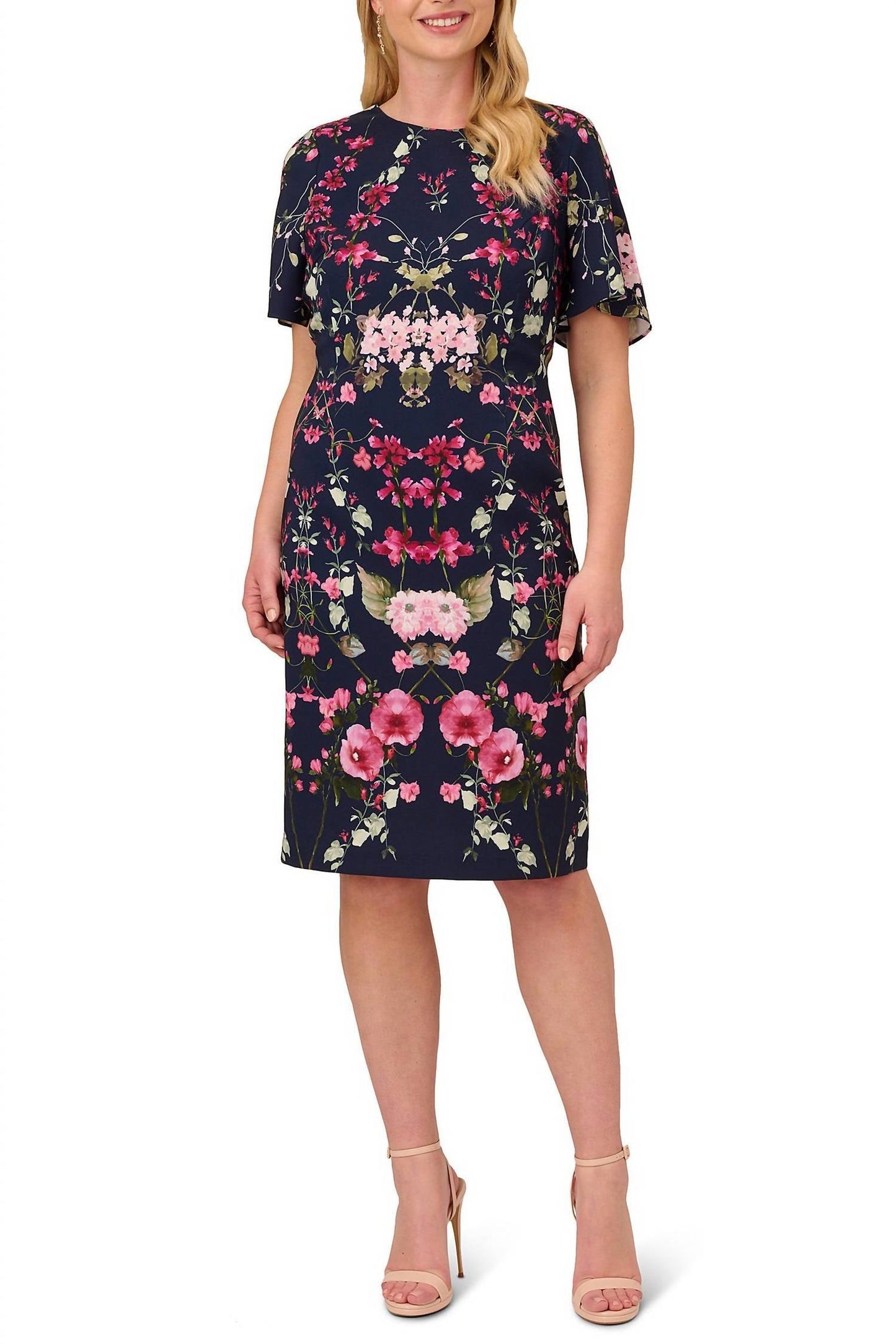 Adrianna Papell - Floral Print Crepe Sheath Midi Dress