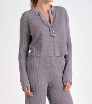 Elan - Long Sleeve V-neck Waffle Top