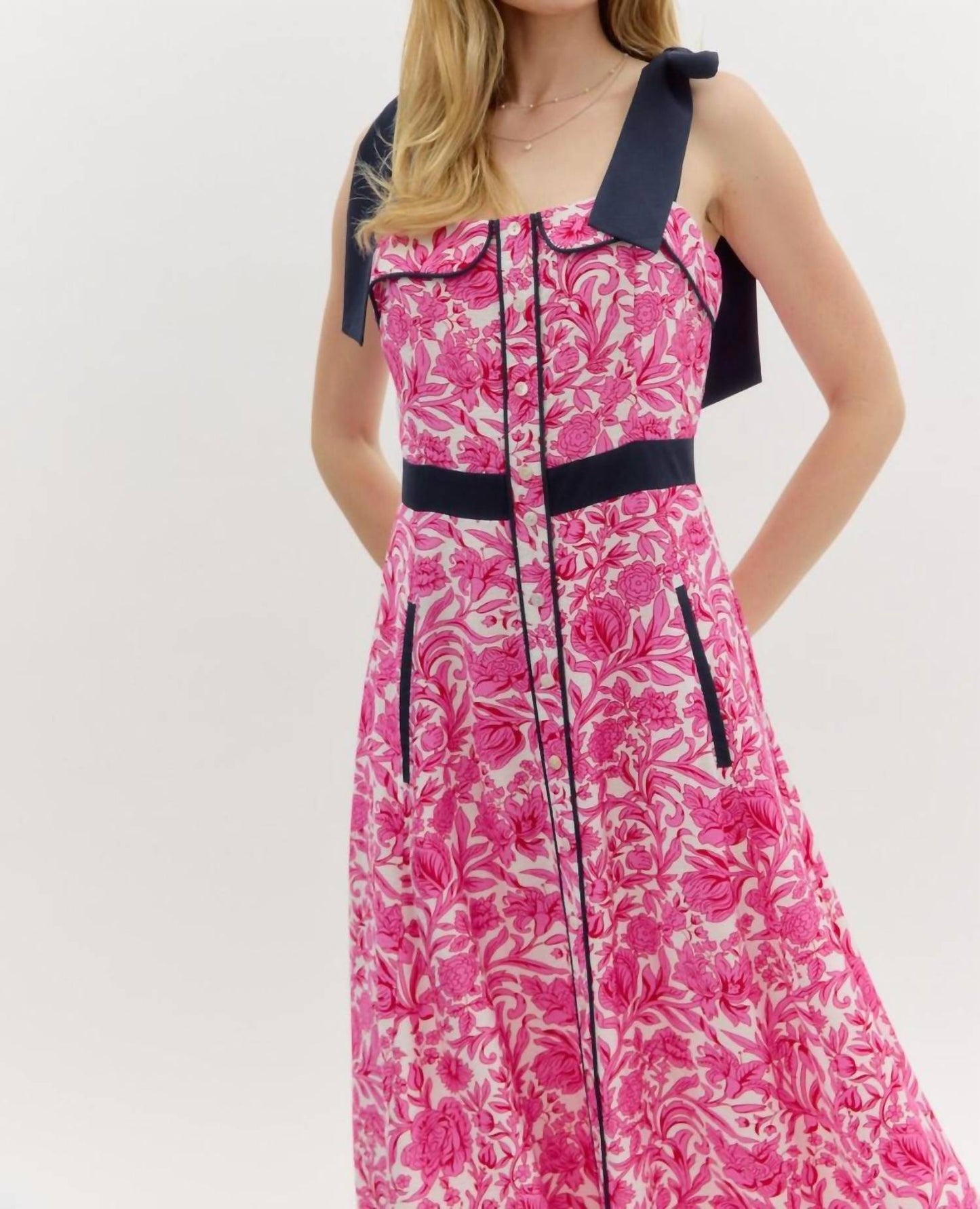 Entro - Shoulder Tie Print Midi Dress