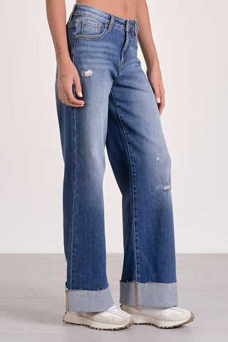 Elan - Cuffed Bottom Denim Wash Wide Leg Jeans