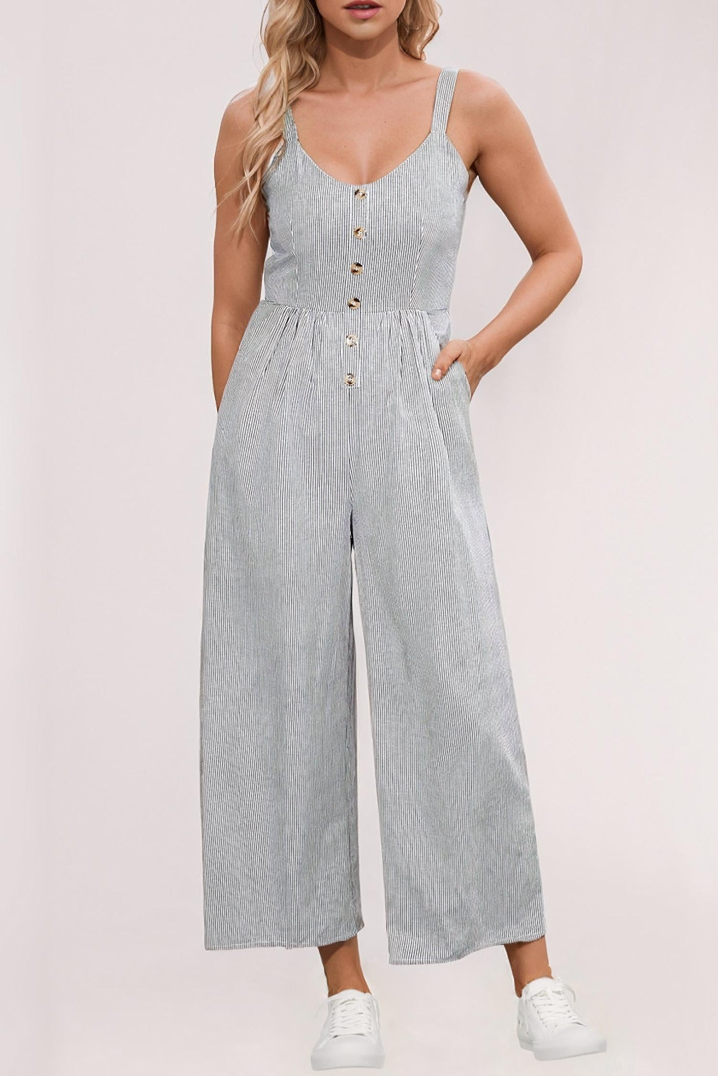 La Society - Half Buttoned Wide Leg Jumpsuit