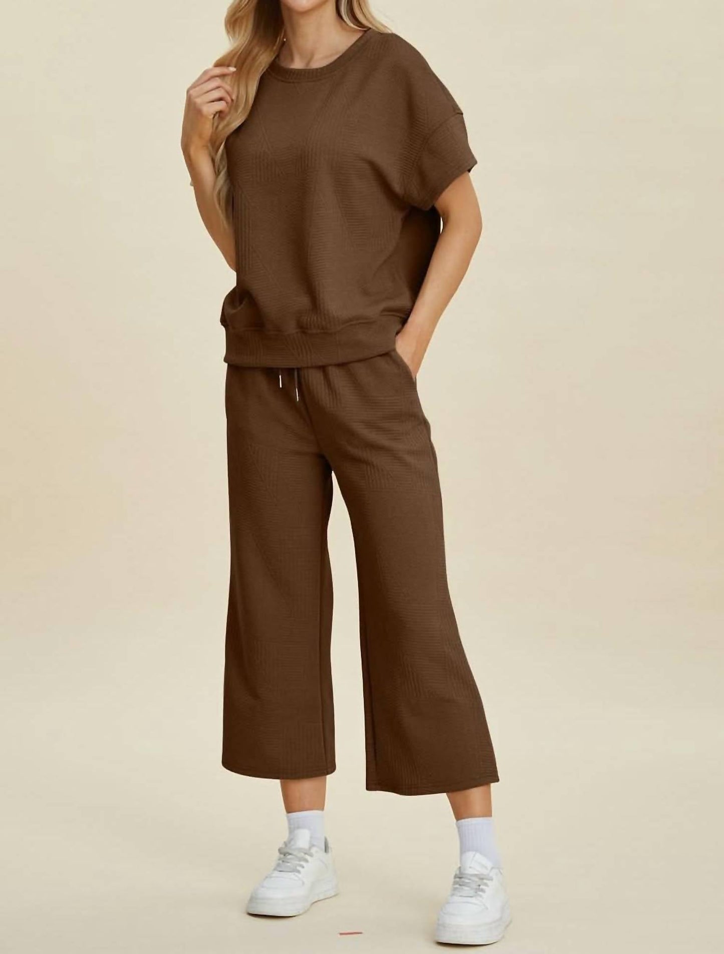 Double Take - Texture Top And Pants Set