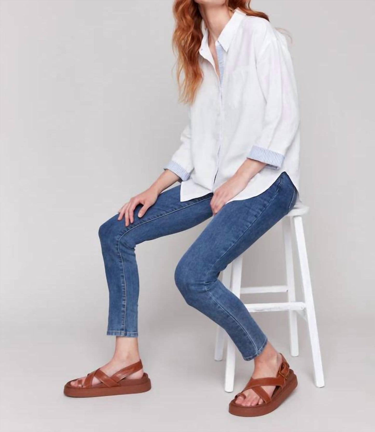 Charlie B - Linen Blend Drop Shoulder Shirt With Striped Cuffs