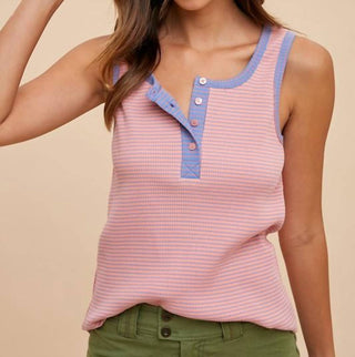 Anniewear - Contrast Striped Rib Henely Tank Top