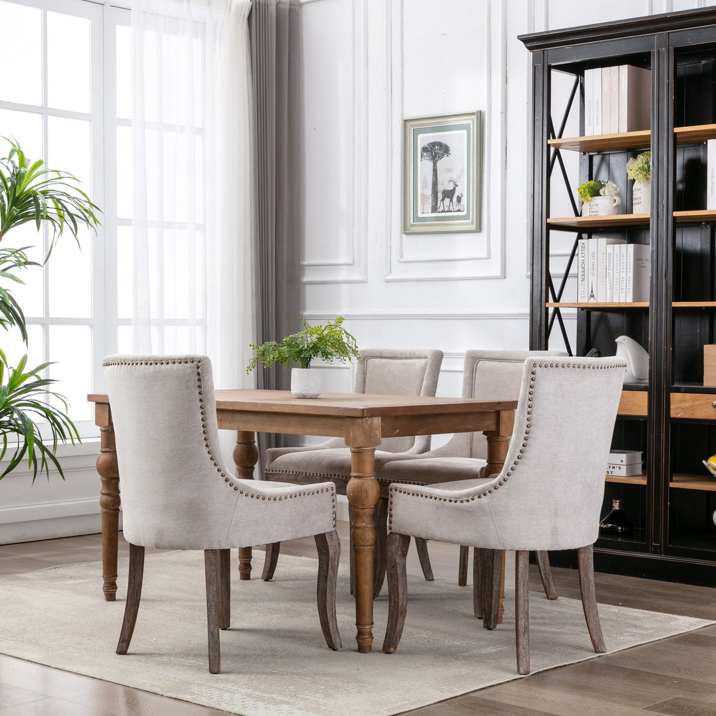 A&A Furniture Ultra Side Dining Chair with Thickened Fabric and Bronze Nail Head, Beige, Set of 2