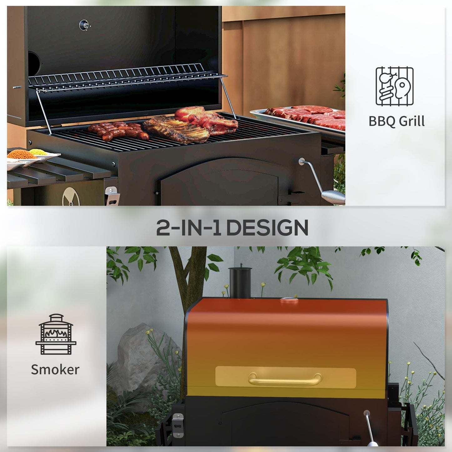 Outsunny Charcoal Grill with Adjustable Height & Folding Shelves